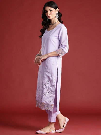 Dhiyona IE Floral Embroidered Thread Work Kurta with Trousers & Dupatta