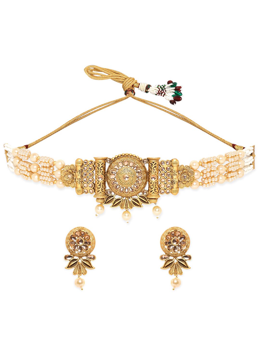 Dhiyona RJ Women's 22K Gold-Plated Pearl Beaded Multi-Strand Choker Set with Kundan & Floral Motifs