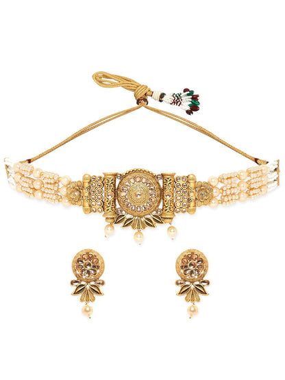 Dhiyona RJ Women's 22K Gold-Plated Pearl Beaded Multi-Strand Choker Set with Kundan & Floral Motifs