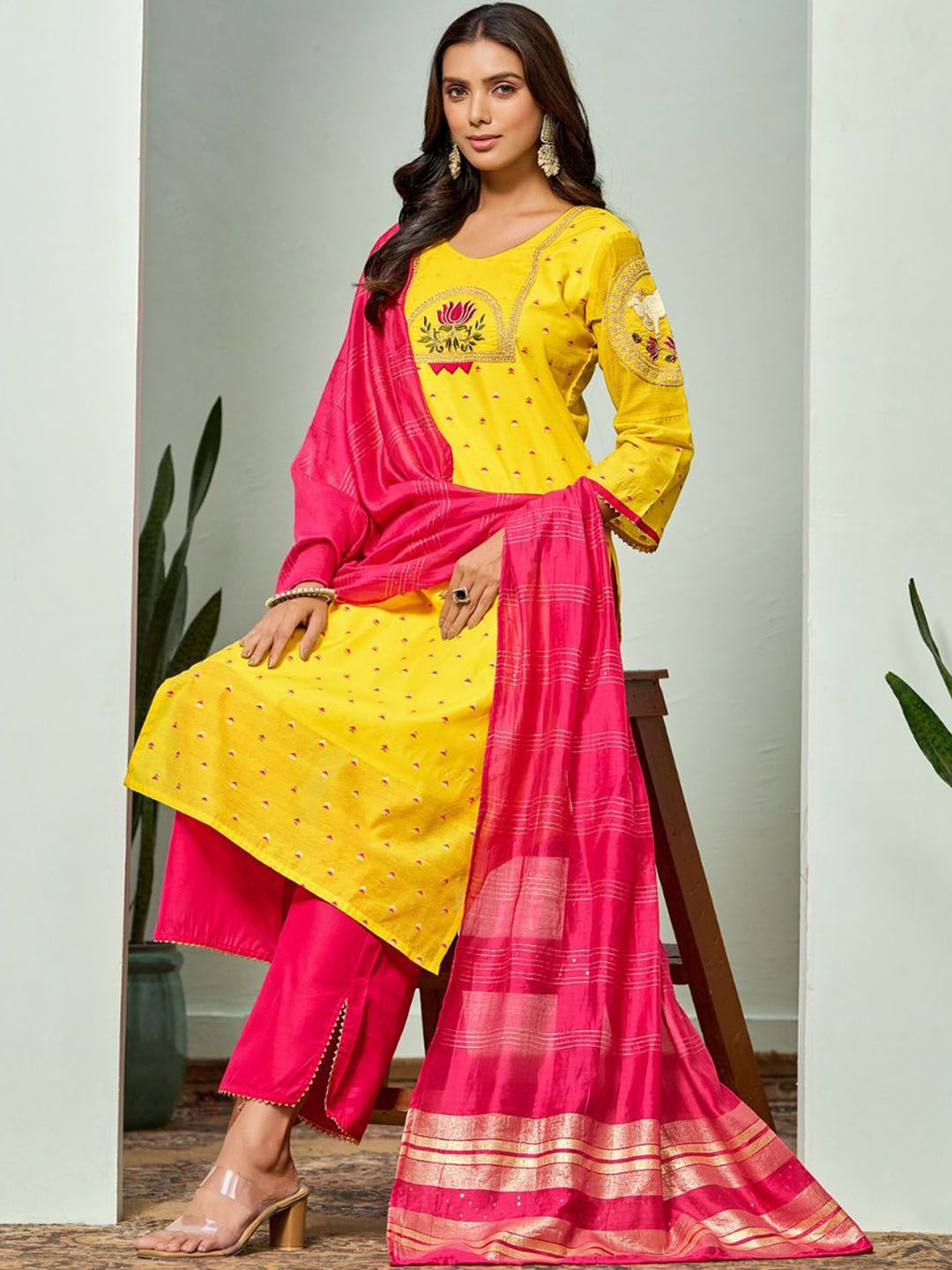 Dhiyona SN Women's Floral Embroidered Chanderi Cotton Straight Kurta With Trousers And Dupatta
