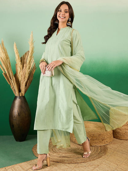 Dhiyona SN Women's Pure Cotton Band Collar Kurta With Trousers & Dupatta