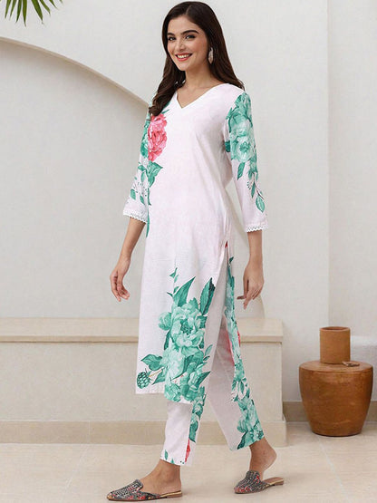 Dhiyona IS Women's Women Floral Printed V Neck Kurta With Trousers