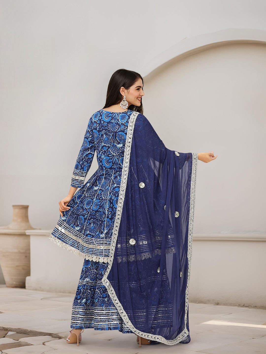 Dhiyona IS Women's Floral Printed A-Line Pure Cotton Gotta Patti Kurta with Sharara & Dupatta