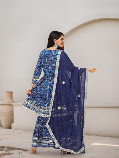 Dhiyona IS Women's Floral Printed A-Line Pure Cotton Gotta Patti Kurta with Sharara & Dupatta
