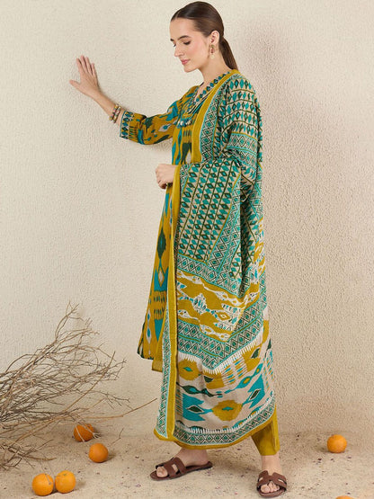 Dhiyona IE Women Abstract Printed Cotton Kurta with Trousers & Dupatta