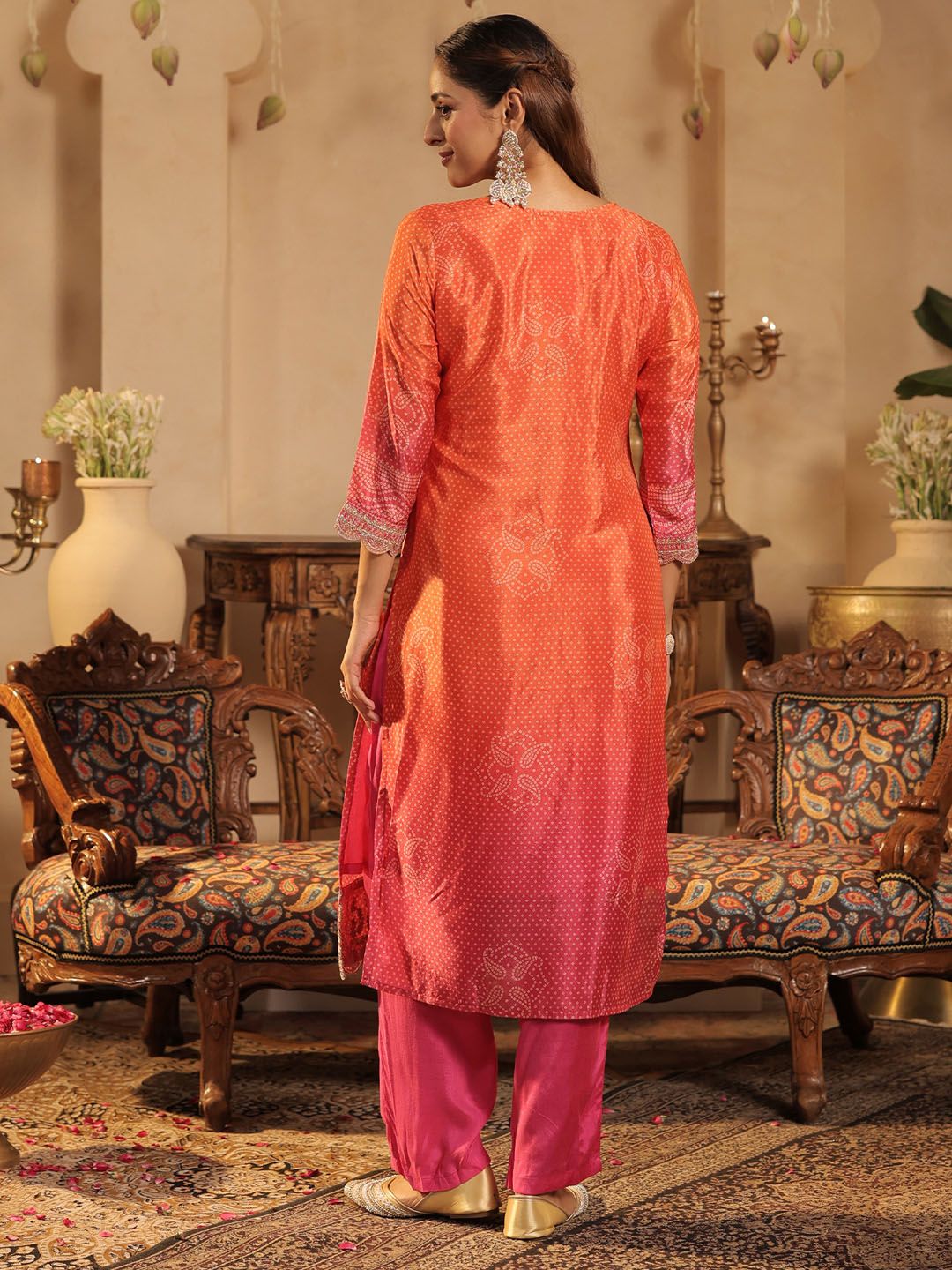Bandhani Printed Straight Sequinned Kurta With Trousers & Dupatta