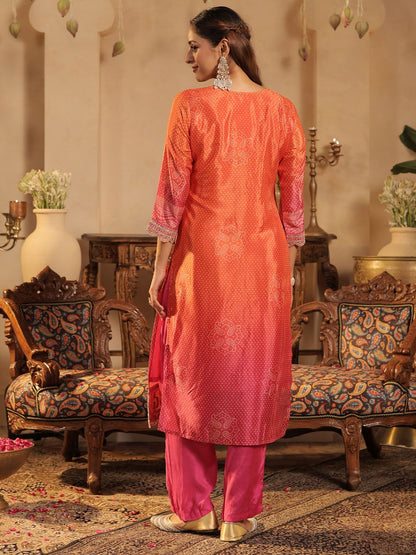 Bandhani Printed Straight Sequinned Kurta With Trousers & Dupatta