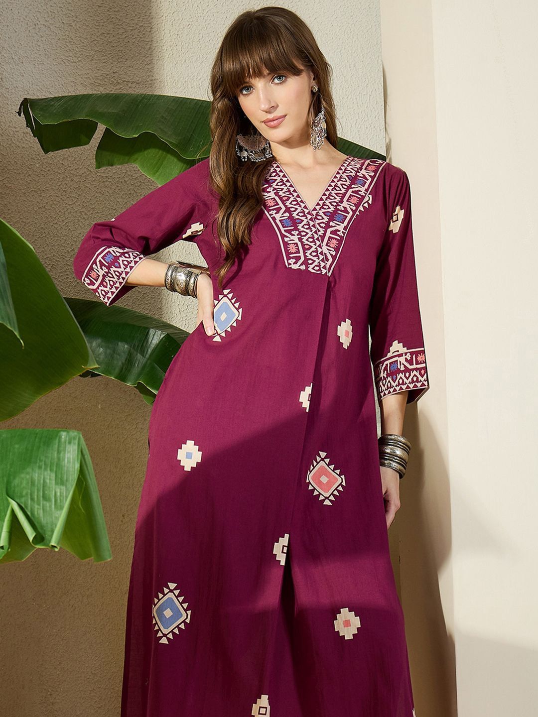 Dhiyona IE Printed Pure Cotton V-Neck Top With Trousers