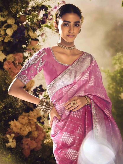 Dhiyona KM Women Pink Banarasi Silk Saree