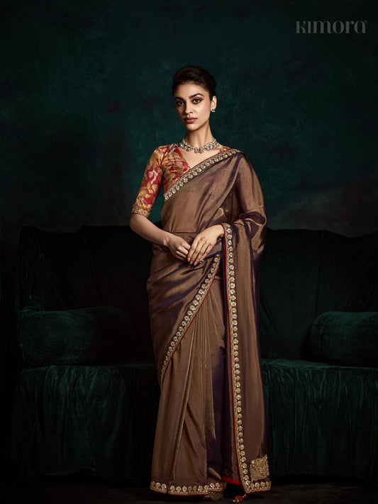Dhiyona KM Women Elegant Brown Tissue Silk Saree With Crush Effect & Designer Printed Silk Blouseelegant Brown Tissue Silk Saree