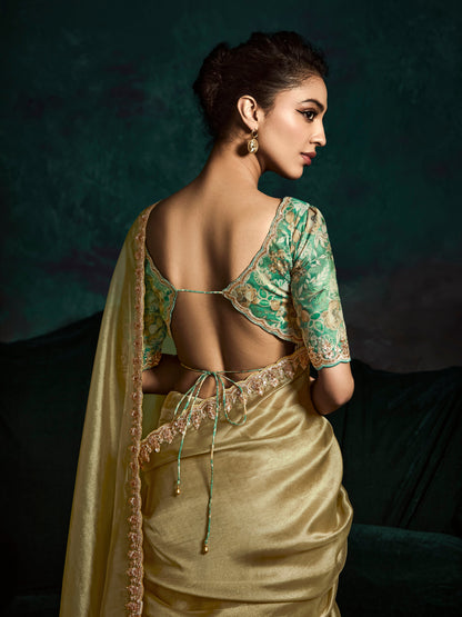 Dhiyona KM Women Designer Golden Fancy Saree With Thread Embroidery