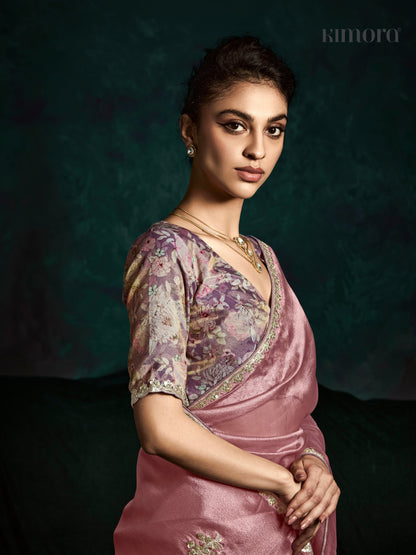 Dhiyona KM Women Graceful Pink Pure Tissue Silk Saree With Sequins & Thread Embroidered Butti Work