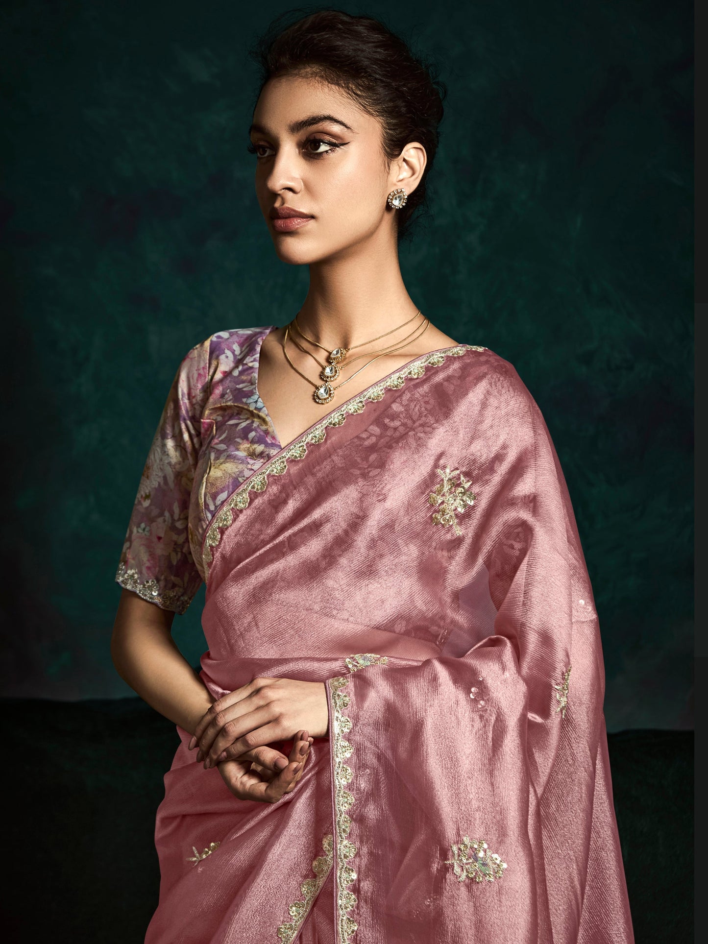 Dhiyona KM Women Graceful Pink Pure Tissue Silk Saree With Sequins & Thread Embroidered Butti Work