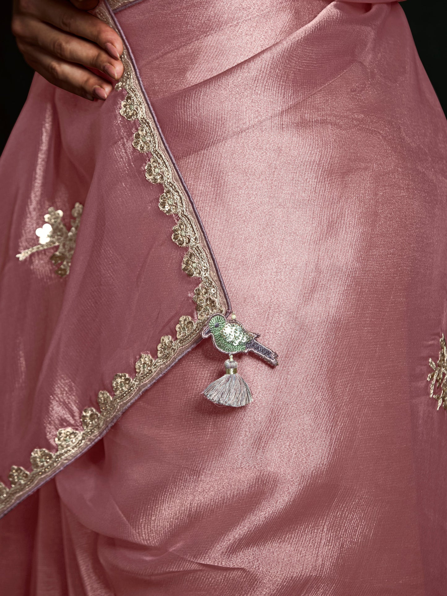 Dhiyona KM Women Graceful Pink Pure Tissue Silk Saree With Sequins & Thread Embroidered Butti Work