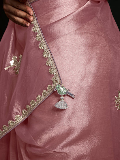 Dhiyona KM Women Graceful Pink Pure Tissue Silk Saree With Sequins & Thread Embroidered Butti Work