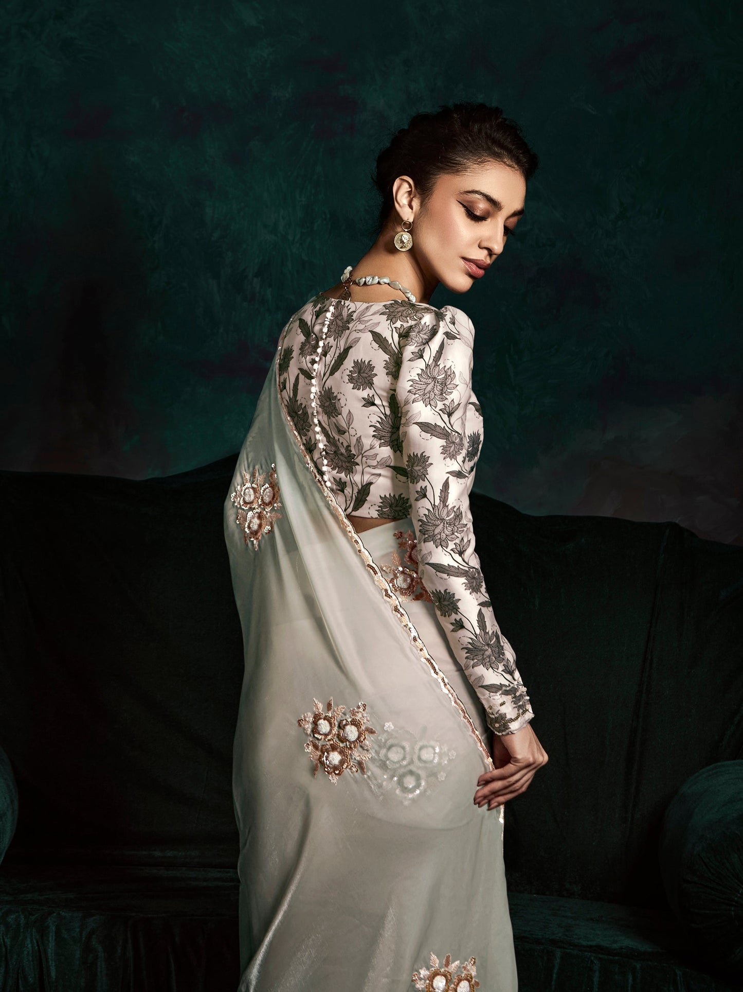 Dhiyona KM Women Elegant Double Shade Green & White Organza Saree With White Printed Silk Blouse