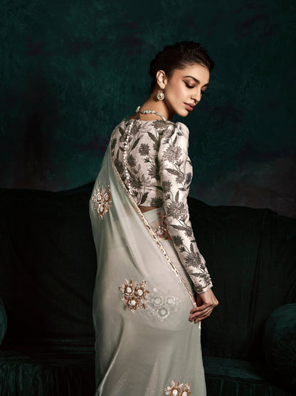 Dhiyona KM Women Elegant Double Shade Green & White Organza Saree With White Printed Silk Blouse