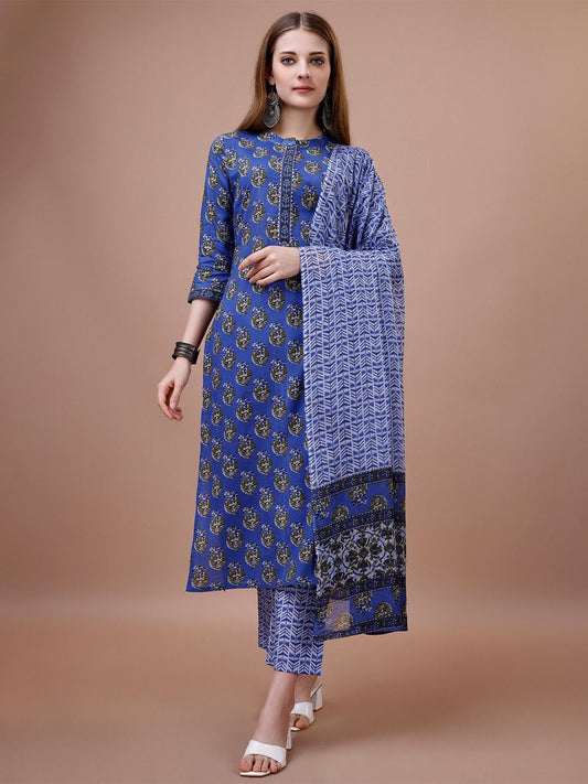 Dhiyona OD  Floral Printed Pure Cotton Kurta With Trousers & Dupatta