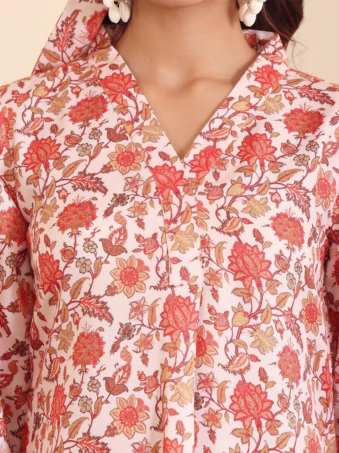 Dhiyona VA Women'sOff White Floral Printed V-Neck Flared Sleeves Straight Kurta With Trousers