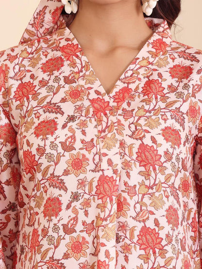 Dhiyona VA Women'sOff White Floral Printed V-Neck Flared Sleeves Straight Kurta With Trousers