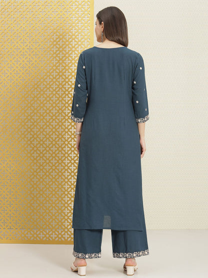 Dhiyona PD Women Women Navy Blue Thread Work Pure Cotton Kurta with Trousers