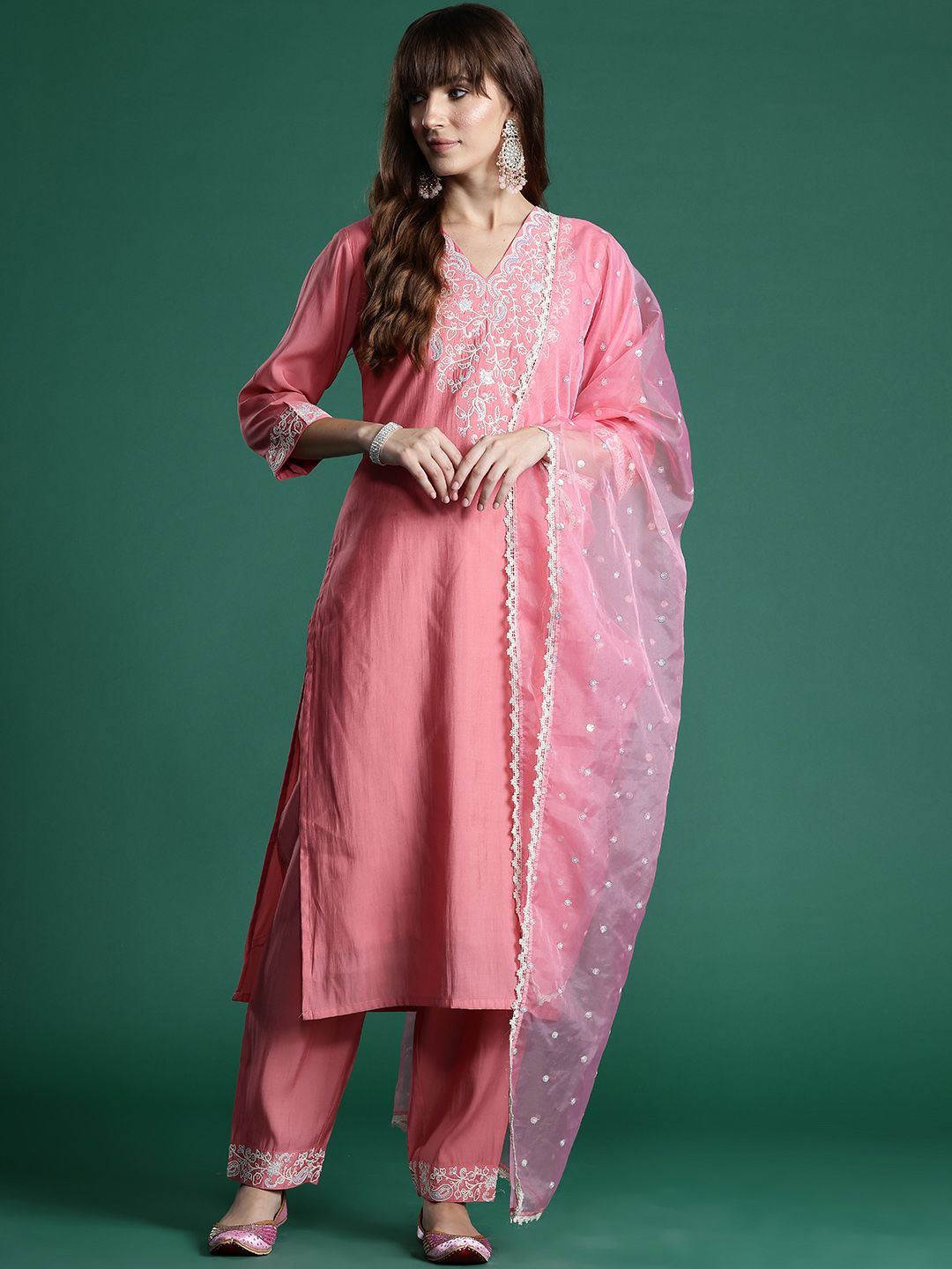 Dhiyona IE Floral Embroidered Sequinned Liva Kurta With Trousers & Dupatta