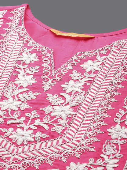 Ethnic Motifs Yoke Design Straight Thread Work Liva Kurta with Trousers & Dupatta