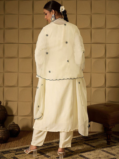 Floral Embroidered Thread Work Straight Kurta with Trouser & Dupatta