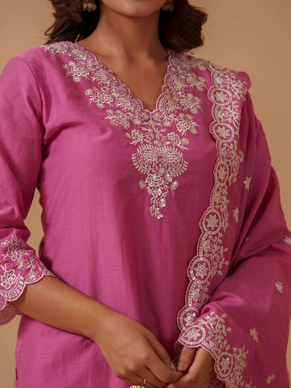Dhiyona PD Women Floral Embroidered V Neck Kurta With Trousers & Dupatta