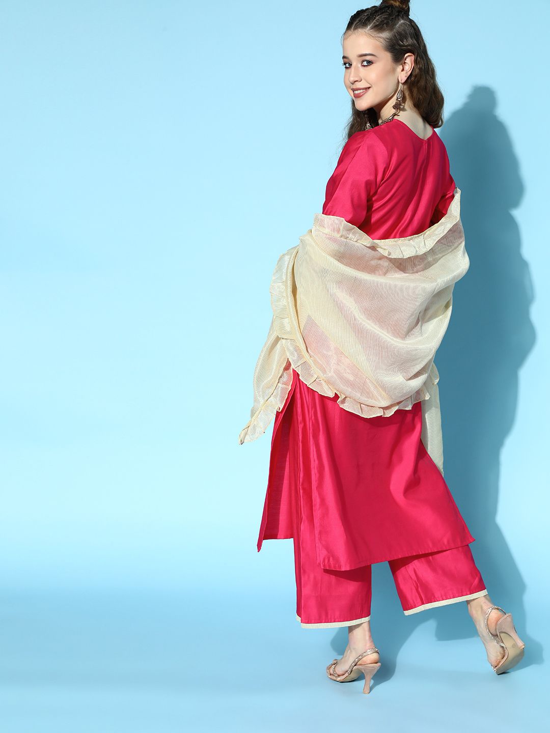 Dhiyona IE Women Pink Yoke Design Liva Kurta with Palazzos & Dupatta