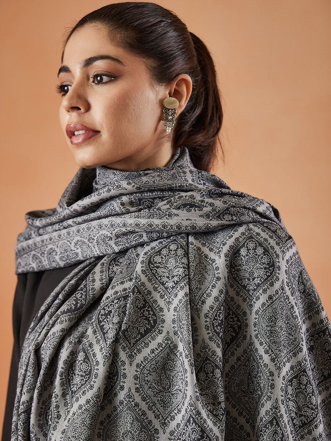 Dhiyona PA Ethnic Motifs Woven Design Woollen Fringed Shawl