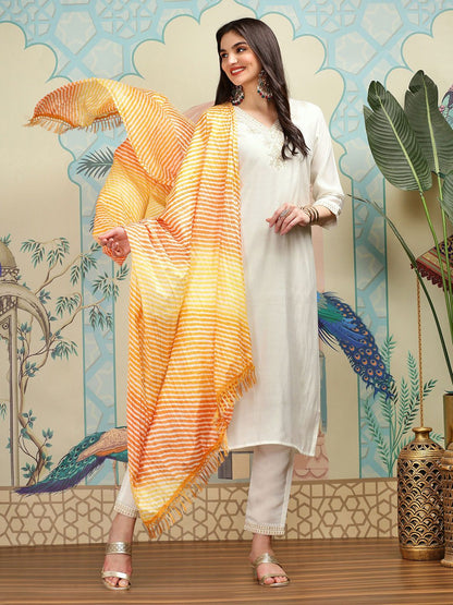Dhiyona IS Women's Floral Yoke Design Thread Work Silk Chiffon Straight Kurta with Trousers & Dupatta