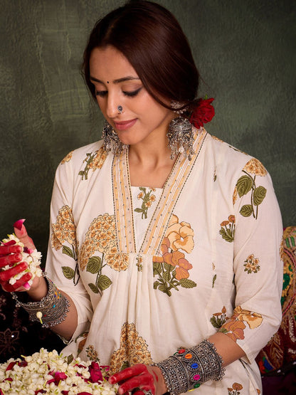 Dhiyona IE Floral Printed Pure Cotton V-Neck A-Line Kurta With Palazzos