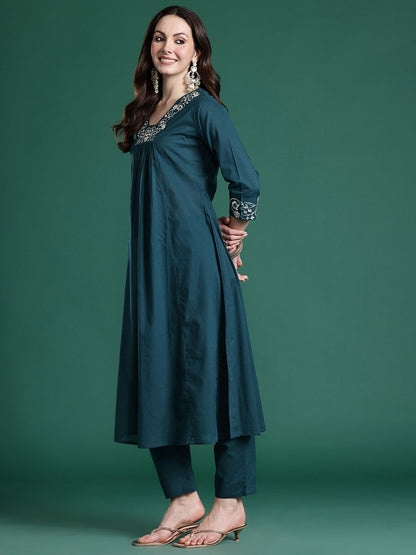 Dhiyona IE Floral Embroidered Pleated Thread Work Pure Cotton Kurta with Trousers