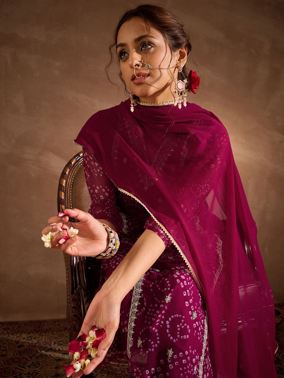 Bandhani Printed V-Neck Zari Silk Chiffon Straight Kurta With Trousers & Dupatta