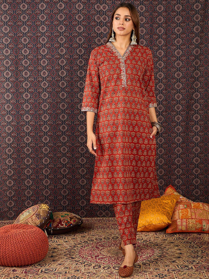 Dhiyona IE Women's Women Ethnic Motifs Printed Straight Pure Cotton Kurta with Trouser