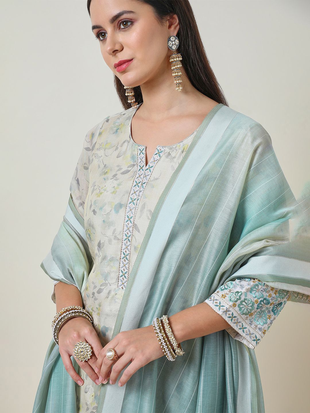 Dhiyona SO Women's Women Ethnic Motifs Printed Regular Thread Work Chanderi Cotton Kurta with Trousers & With Dupatta