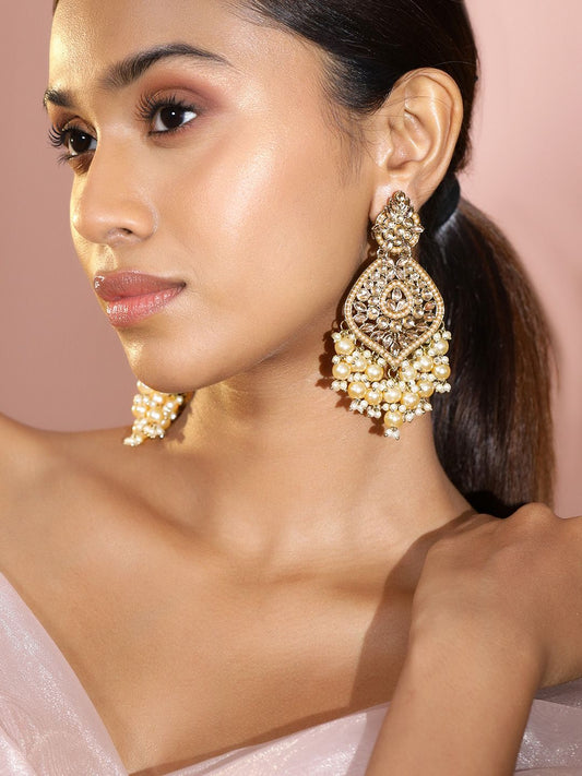 Dhiyona RJ Women's 18K Gold-Plated Kundan & Glosssy Off-White Pearl Beaded Chandelier Earrings