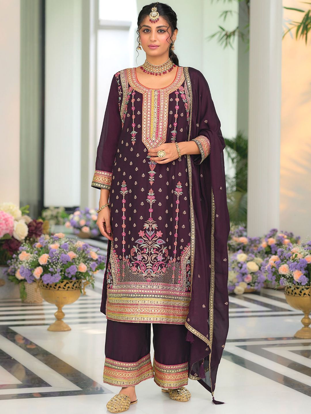 Dhiyona IE Women Ethnic Motifs Embroidered Regular Mirror Work Kurta with Palazzos & With Dupatta