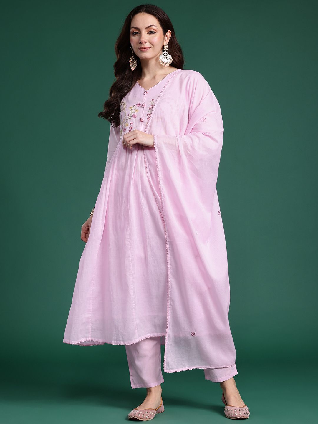 Dhiyona IE Ethnic Motifs Embroidered Pure Cotton Kurta with Trousers & Dupatta