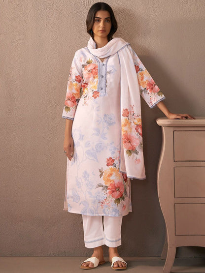Floral Printed Beads and Stones Linen Straight Kurta with Trousers & Dupatta
