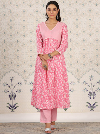 Dhiyona OD  Floral Printed Empire Pure Cotton Kurta with Pyjamas & Dupatta