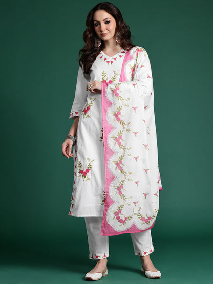 Dhiyona IE Floral Embroidered Pure Cotton Kurta with Trousers & Dupatta