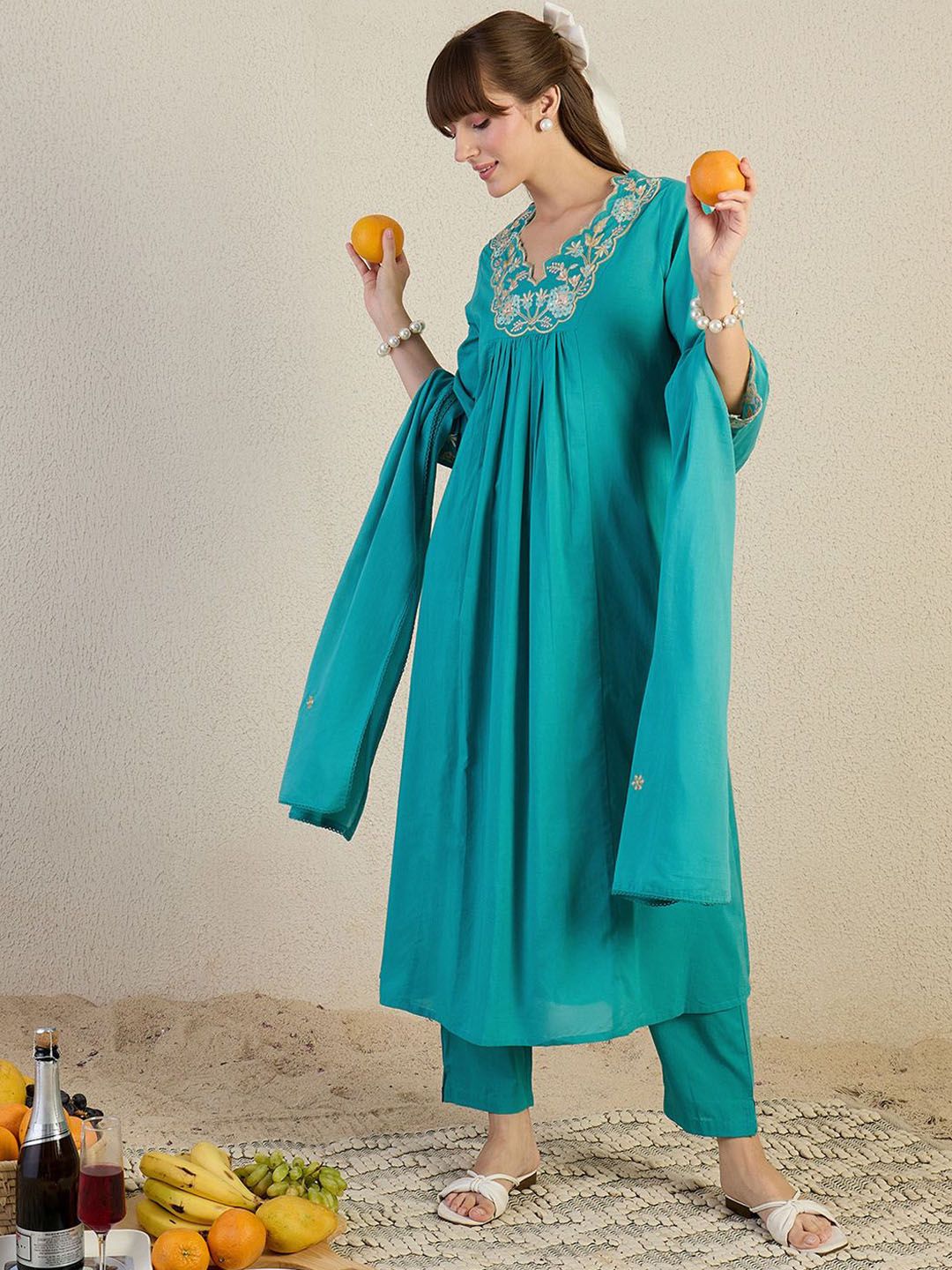 Dhiyona IE Women Embroidered Beads & Stones Pure Cotton Kurta with Trousers & Dupatta