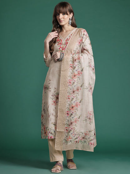 Dhiyona IE Floral Embroidered Pure Cotton Kurta with Trousers & Dupatta