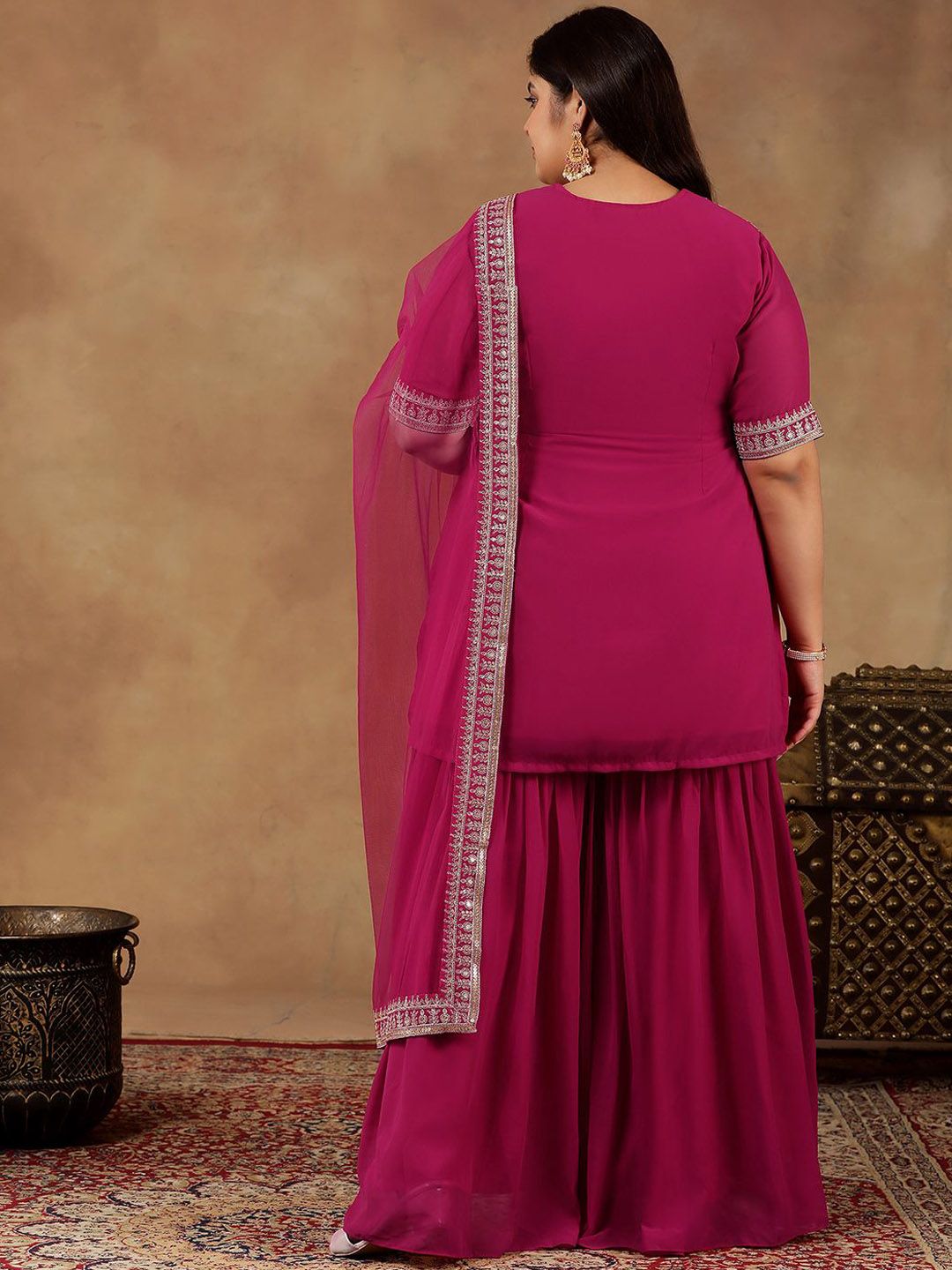 Dhiyona IN Plus Size Embroidered Sequin Georgette Straight Kurta With Sharara & Dupatta