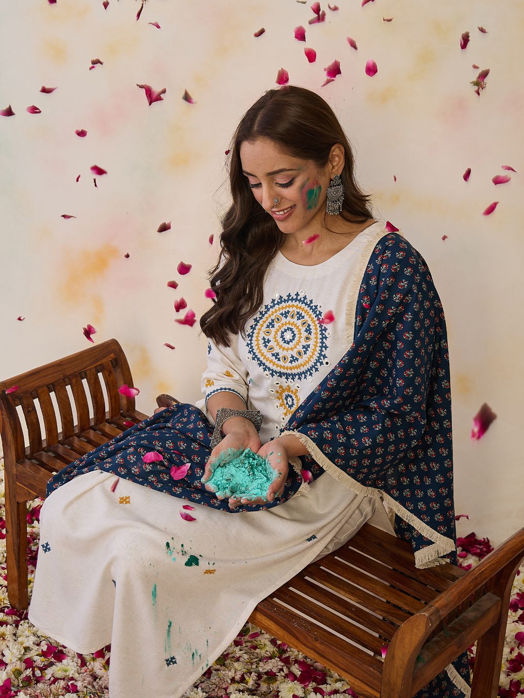 Dhiyona IE Women Ethnic Motifs Embroidered Regular Mirror Work Kurta with Trousers & With Dupatta