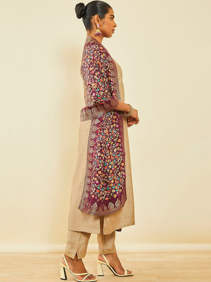 Dhiyona SO Women's Ethnic Motifs Embroidered Sequinned Detail Straight Kurta & Trousers With Dupatta