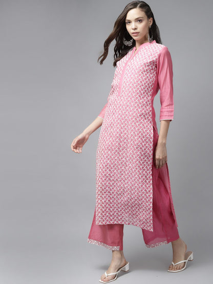 Women Pink Ethnic Motifs Embroidered Regular Kurta with Palazzos