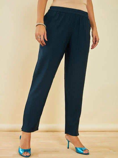 Dhiyona SO Women's Navy Blue Regular A-Line Kurta With Trousers